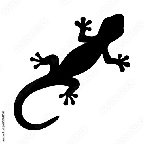 Silhouette of a gecko clinging to a wall on a white background