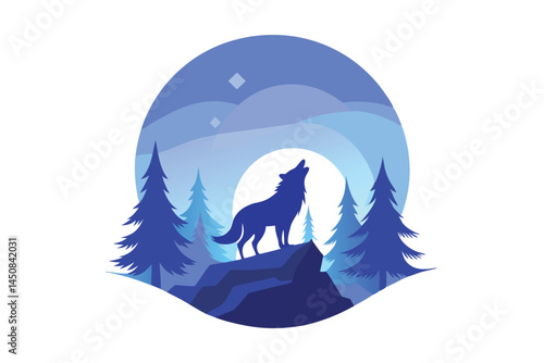 Silhouette of a wolf howls atop rocks in a pine forest under a blue moon