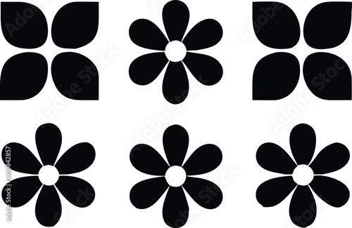 Six black floral silhouettes display simplistic elegance on a white background showcasing minimalist botanical art