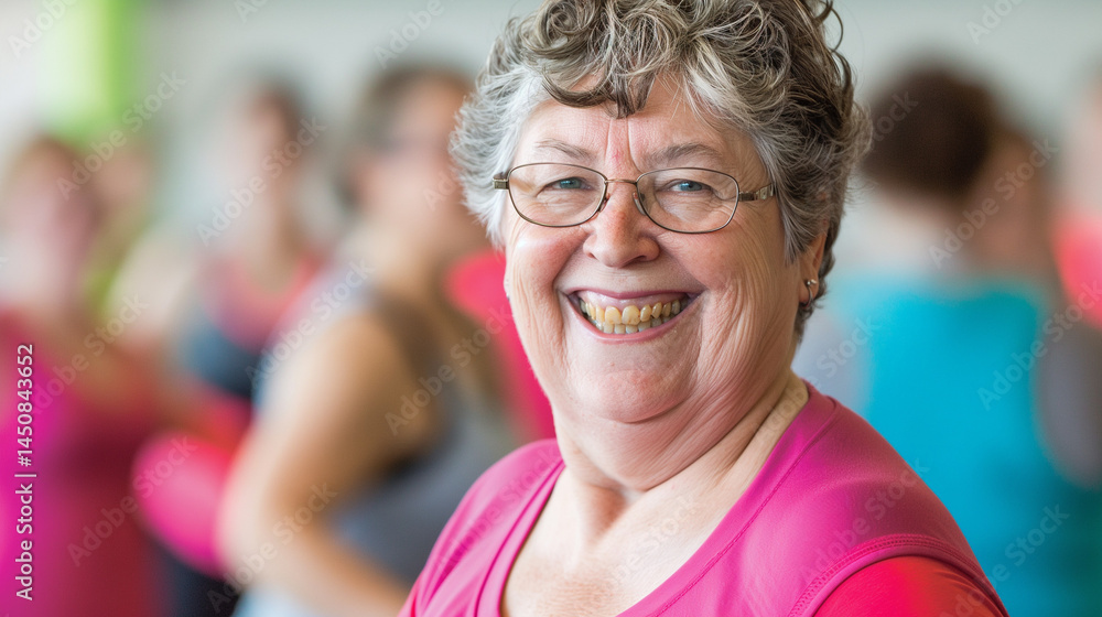 Fototapeta premium Elderly woman smiling joyfully during indoor dance class 