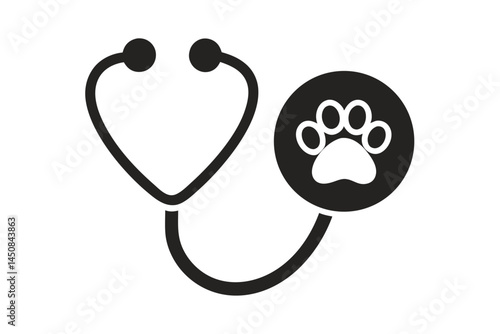 Stethoscope is connected with paw print, symbolizing pet health and care in monochrome