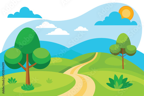 Sunny pathway through green hills leads towards distant mountains under bright blue skies above