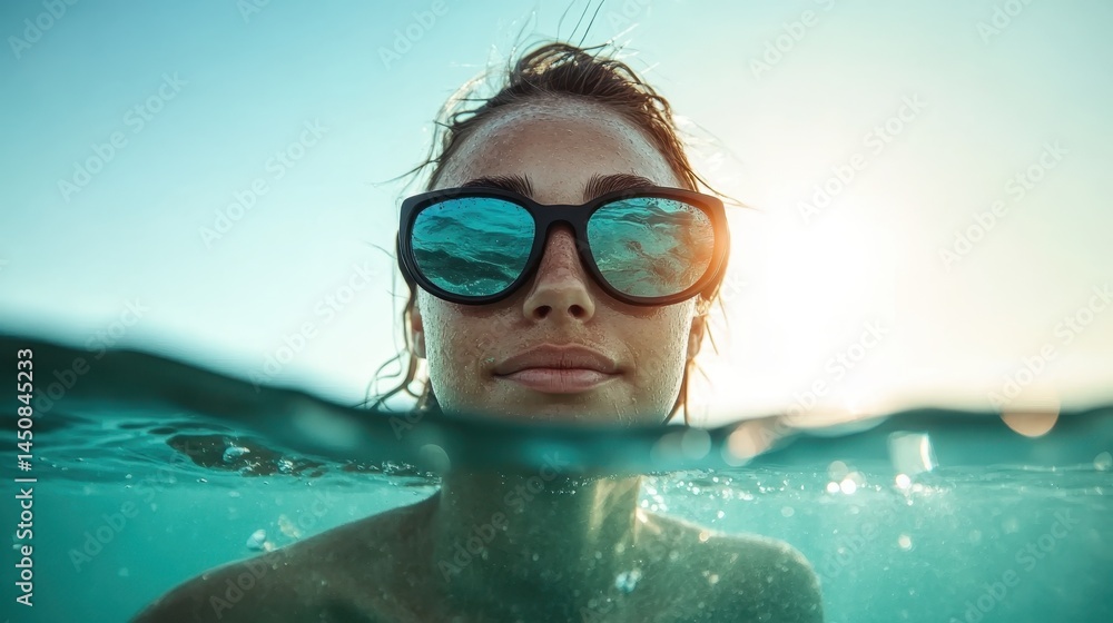 Fototapeta premium A woman in sunglasses submerged in crystal clear ocean water, capturing the essence of summer and freedom while enjoying a beautiful day by the sea.