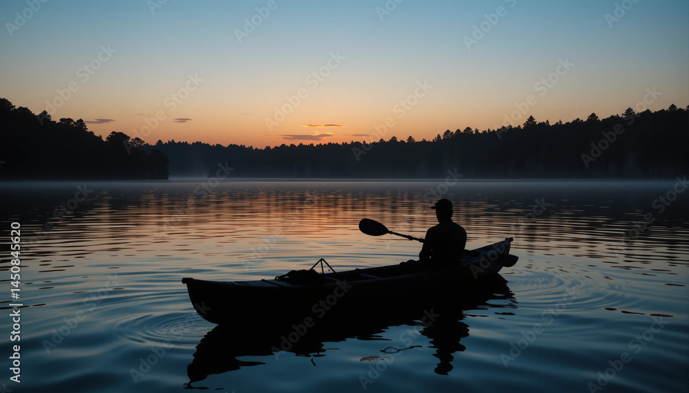 Kayak on the Lake at Dusk: A lone kayaker navigates a tranquil lake at dusk, silhouetted against the soft hues of the twilight sky, creating a serene scene of nature's beauty. Kayak on the Lake at Dusk: A lone kayaker navigates a tranquil lake at dusk, silhouetted against the soft hues of the twilight sky, creating a serene scene of nature's beauty.