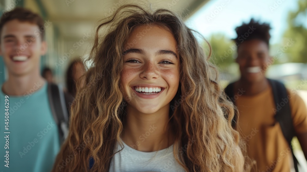 A group of cheerful teens share smiles as they walk through the school corridor, highlighting their youthful energy and connection to each other. A group of cheerful teens share smiles as they walk through the school corridor, highlighting their youthful energy and connection to each other.