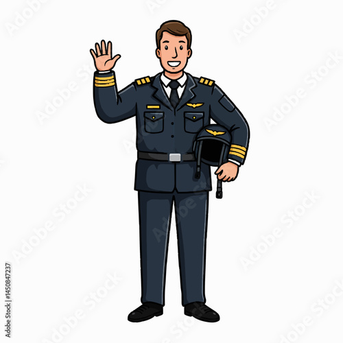 A male pilot in full uniform waving and standing confidently.