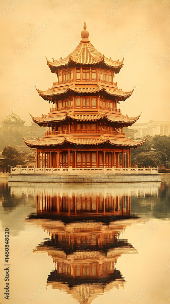 Serene reflection of a multi-tiered pagoda in calm water nestled amongst other structures Golden hour lighting enhanc Serene reflection of a multi-tiered pagoda in calm water nestled amongst other structures Golden hour lighting enhanc