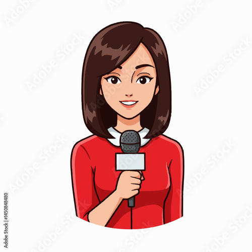 A news reporter holding a microphone and speaking confidently into the camera.