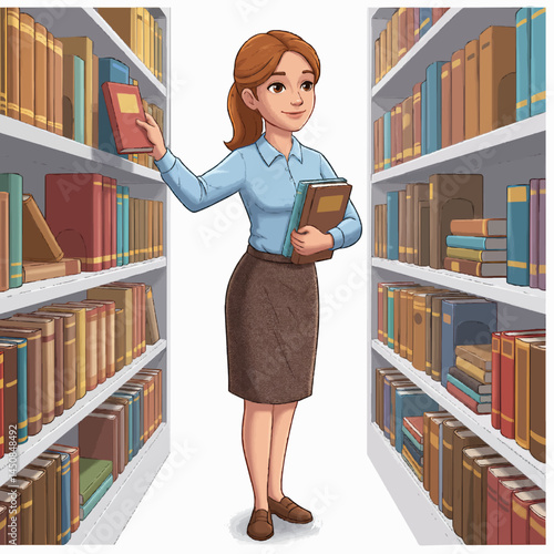 A librarian shelving books in a library with a gentle expression.