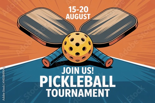 A striking graphic design announcing an upcoming pickleball tournament during the month of August.