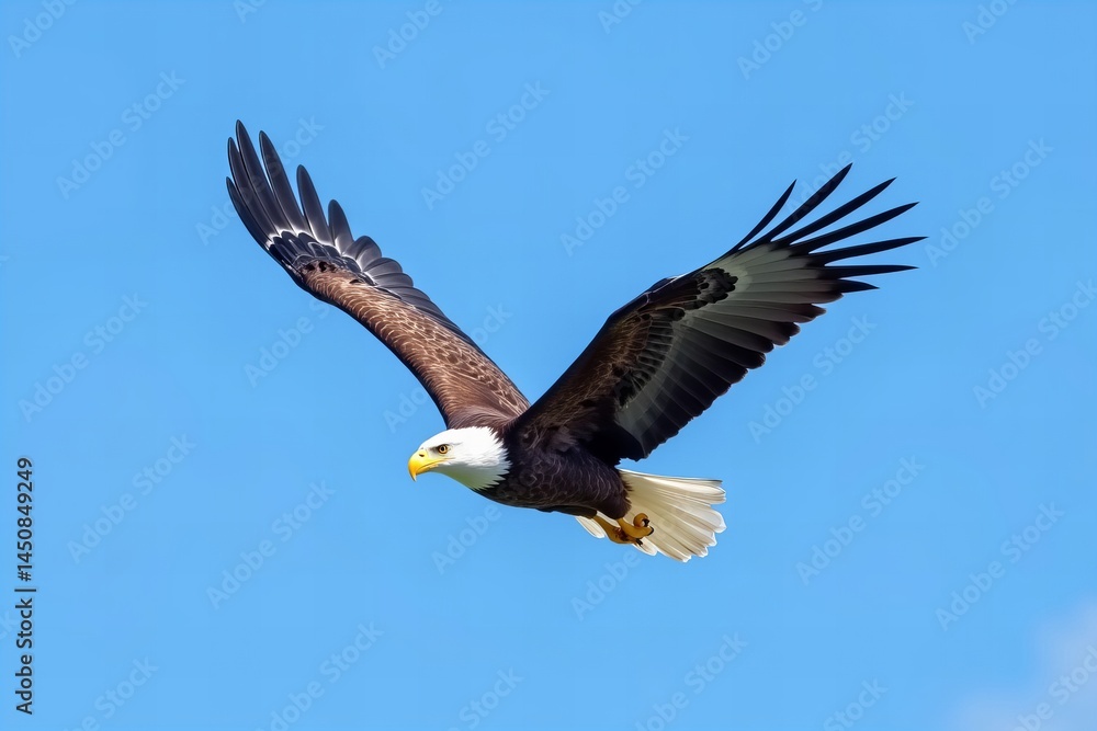 Naklejka premium The magnificent eagle gliding through a pristine blue sky.