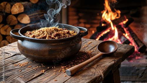 Traditional Arroz Carreteiro in a Pot by a Cozy Fire  