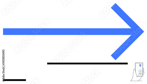 Large blue arrow pointing right, small smartphone with a geolocation pin icon. Ideal for navigation, logistics, geolocation, direction, guidance, interface, digital tools simple landing page
