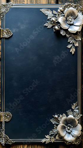 Dark navy blue book cover adorned with ornate silver floral embellishments