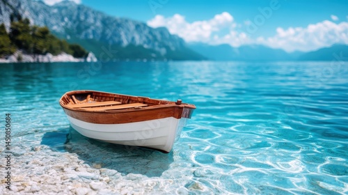 A beautifully crafted wooden boat is anchored on a serene, sparkling shoreline under a bright clear sky, embodying a sense of peace and connection with nature's beauty.