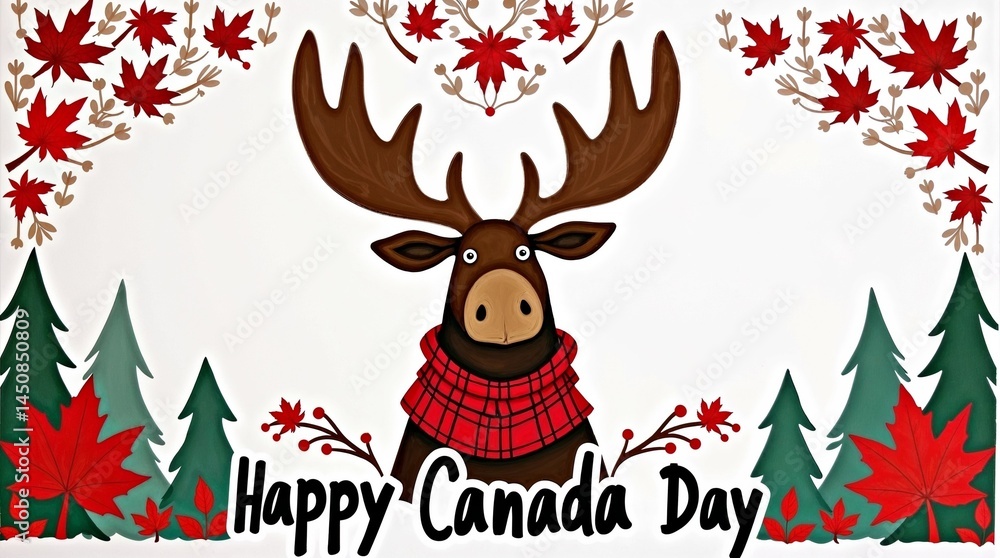 Fototapeta premium Happy Canada Day illustration featuring a moose with plaid scarf surrounded by maple leavesand pine trees