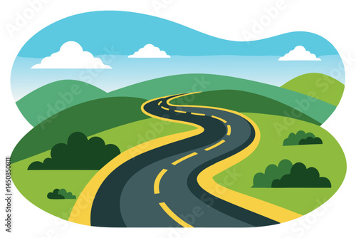 Winding road stretches across green hills under a sky with scattered clouds, transparent background