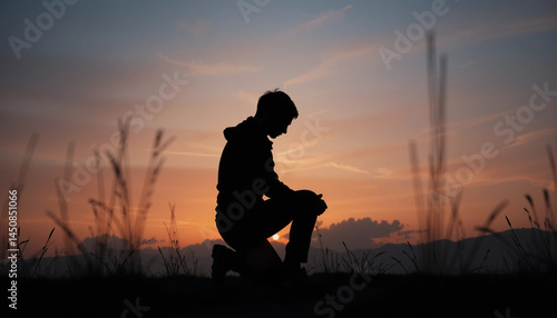 Silhouette of Contemplation at Dusk: A solitary figure kneels in silhouette, silhouetted against a vibrant sunset, evoking introspection and solitude. Reflecting on the serenity of the moment.