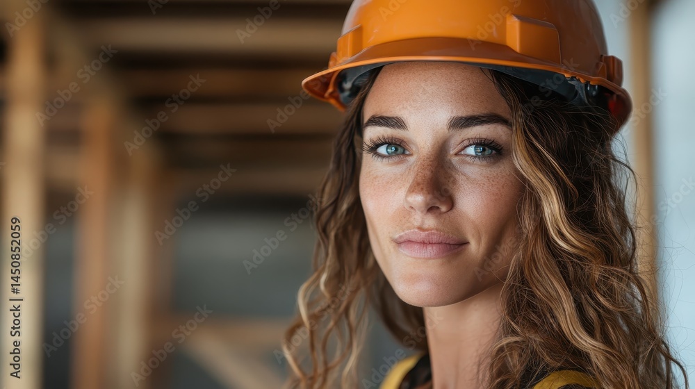 This captivating image showcases a female construction worker wearing an orange hard hat, embodying confidence and professionalism within a construction site environment. This captivating image showcases a female construction worker wearing an orange hard hat, embodying confidence and professionalism within a construction site environment.