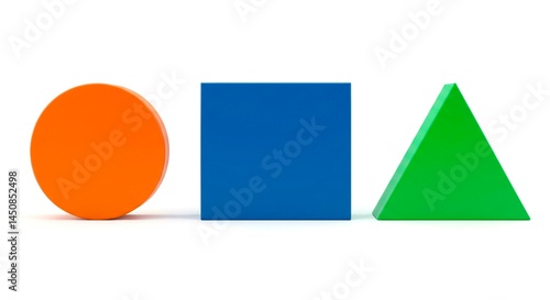 A circle square and triangle in orange blue and green colors on a plain white background studio shot