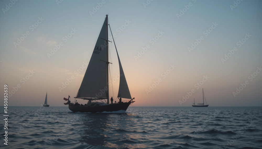 Sailing into Twilight: A picturesque sailboat glides across the tranquil ocean at dusk, illuminated by the warm glow of the setting sun, evoking feelings of peace, adventure, and exploration. Sailing into Twilight: A picturesque sailboat glides across the tranquil ocean at dusk, illuminated by the warm glow of the setting sun, evoking feelings of peace, adventure, and exploration.