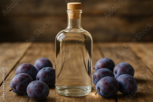Slivovitz, plum brandy or schnapps in glass bottle with fresh plums on rustic wooden table