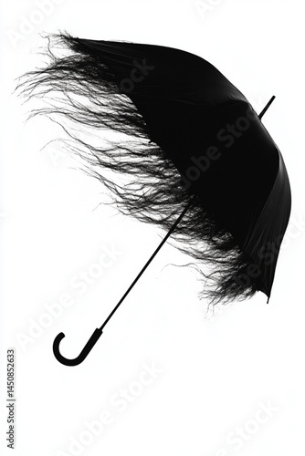 Stock photo of black umbrella in windstorm on white background for weather related designs