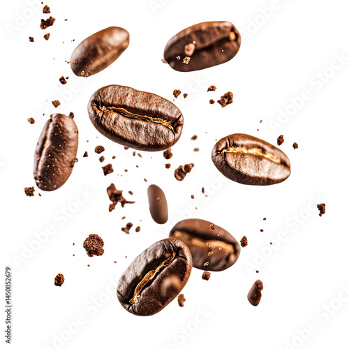 Roasted Coffee Beans Falling With Little  isolated on a transparent background