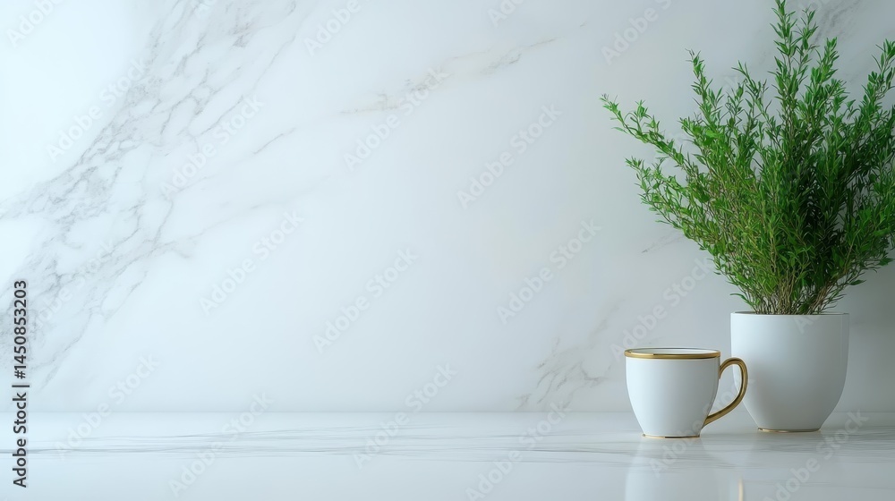 A sophisticated tea set on a polished marble surface accompanied by a small potted plant, invoking a sense of tranquility and elegance, perfect for afternoon tea aesthetics. A sophisticated tea set on a polished marble surface accompanied by a small potted plant, invoking a sense of tranquility and elegance, perfect for afternoon tea aesthetics.