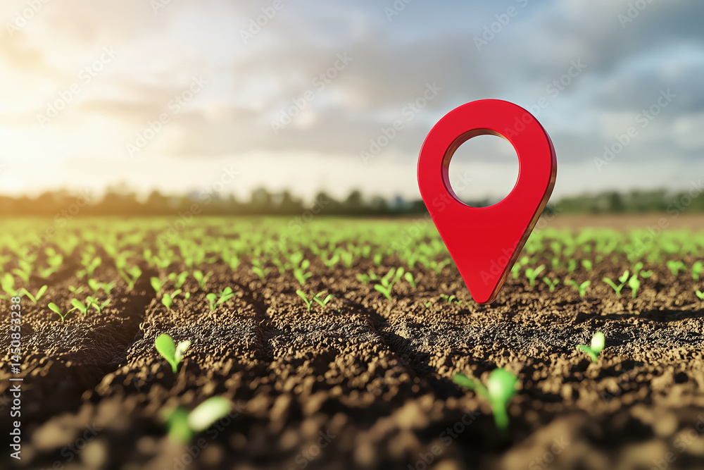Bright red location pin standing on young crop field under cloudy sky, ideal for agriculture technology visuals, farm tracking, and precision farming campaigns