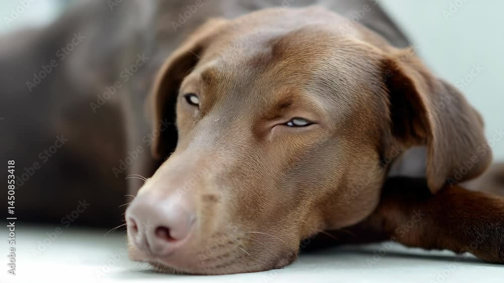 Close-up of a sleepy chocolate Labrador Retriever dog resting its head, with soulful eyes, resting indoors and looking exhausted Close-up of a sleepy chocolate Labrador Retriever dog resting its head, with soulful eyes, resting indoors and looking exhausted