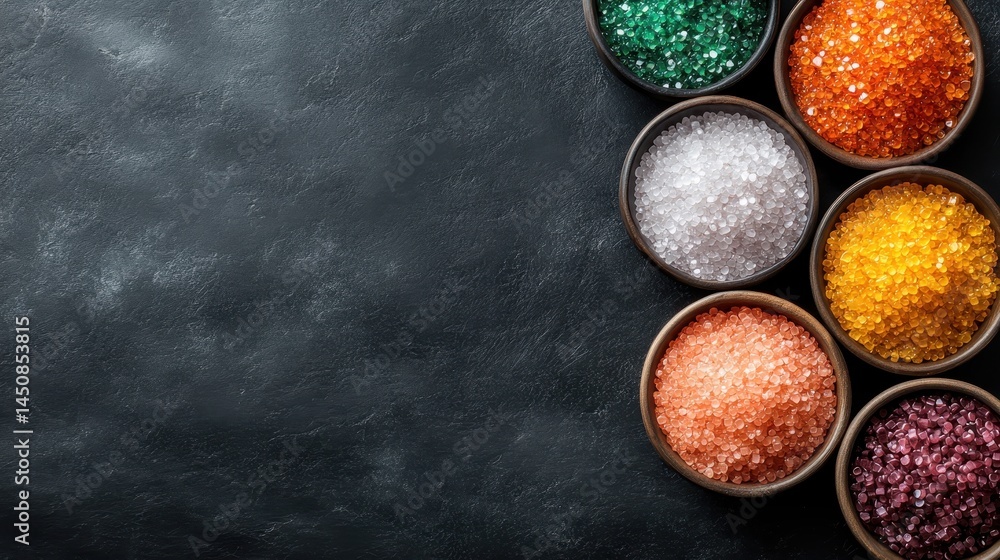 A vibrant display of colorful granules in bowls on a dark textured surface, showcasing a myriad of hues that create an appealing visual arrangement. A vibrant display of colorful granules in bowls on a dark textured surface, showcasing a myriad of hues that create an appealing visual arrangement.
