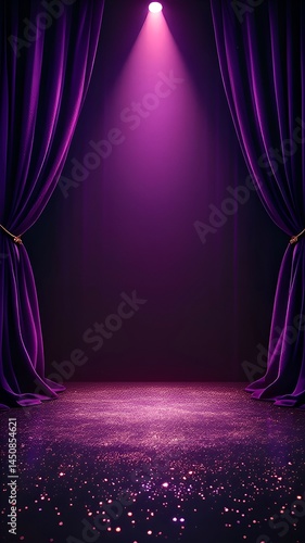 Empty theater stage with a single purple spotlight shining on a sparkling floor between draped velvet curtains. Dramatic atmospheric background for performance or award ceremony