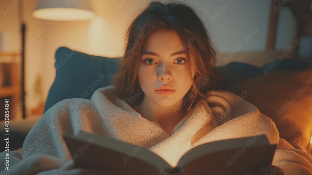 Young woman wrapped in cozy blanket reading a book under warm evening lamp light, perfect for lifestyle visuals, relaxation ads, and cozy home promotions