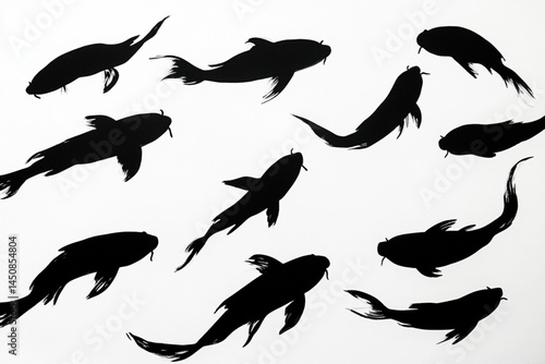 Black koi fish silhouettes swimming gracefully in a pond artistic ink drawing pattern design art 95