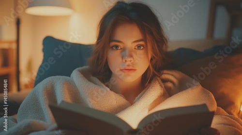 Obraz na płótnie Young woman wrapped in cozy blanket reading a book under warm evening lamp light, perfect for lifestyle visuals, relaxation ads, and cozy home promotions w salonie