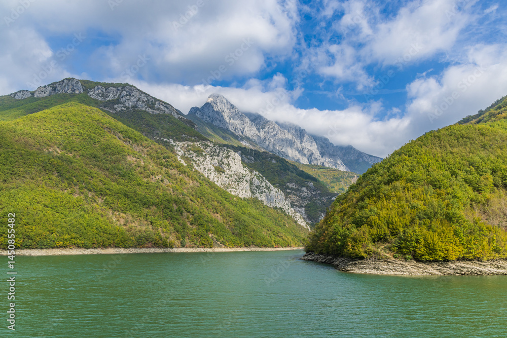 The Komani Lake reservoir of the Drin River in the Albanian Alps.