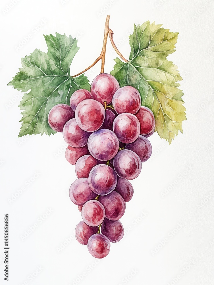 Fototapeta premium Watercolor Grape Harvest: Lush Purple Grapes and Leaves, Elegant Illustration.
