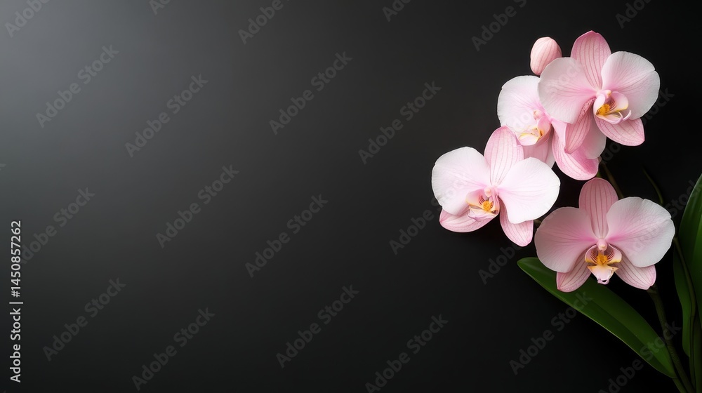Obraz premium A beautiful arrangement of delicate pink orchids highlights their natural elegance against a sleek dark background, perfect for adding a touch of sophistication to any space.