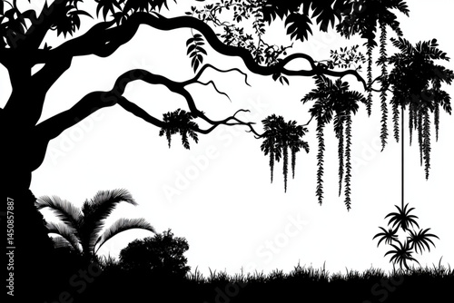 Silhouette jungle background vector illustration with tropical trees and plants design 95 char