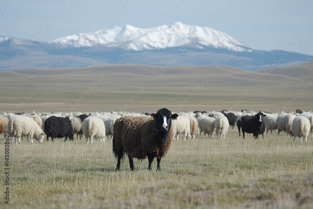 Fototapeta premium Livestock grazing on open pasture with mountains in the distance under a clear blue sky