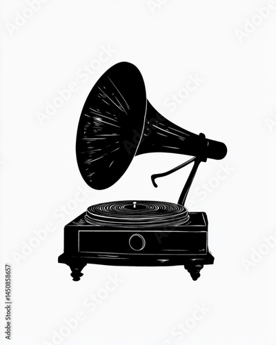 Vintage gramophone phonograph record player antique music audio nostalgia illustration art black