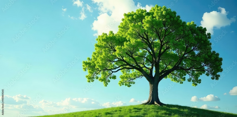 Branches of the isolated tree stretch towards an open sky, leafy, sunlight, solo Branches of the isolated tree stretch towards an open sky, leafy, sunlight, solo