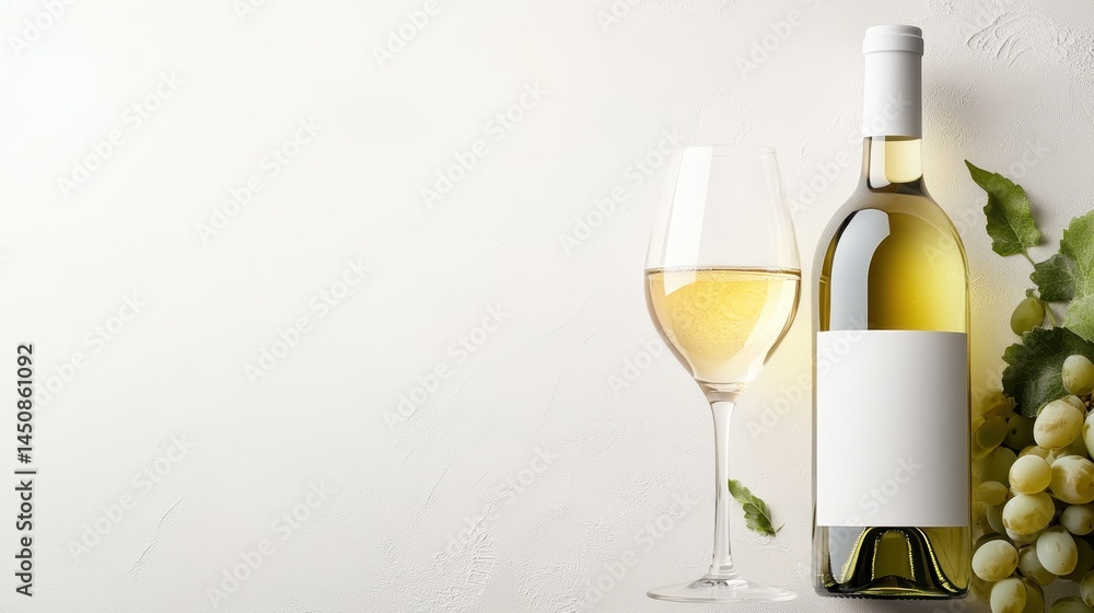 A beautifully arranged scene featuring a filled glass of white wine next to a wine bottle and grapes, celebrating the elegance of wine in a calming and artistic setting. A beautifully arranged scene featuring a filled glass of white wine next to a wine bottle and grapes, celebrating the elegance of wine in a calming and artistic setting.