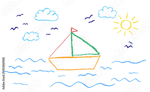 Cute childish vector illustration of a sailboat at sea, drawn with color charcoal wax texture on white. Baby style art featuring birds, sun, and waves in a simple childlike in kindergarden drawing.