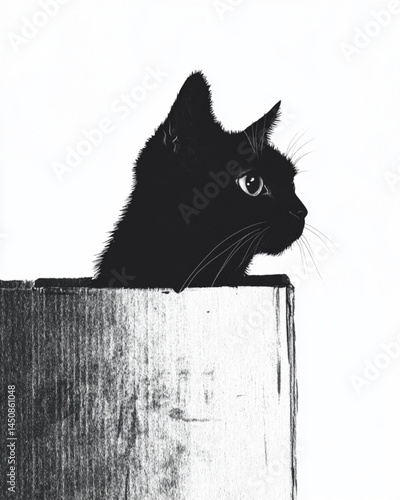 Black cat in box drawing illustration pet animal feline domestic kitty art monochrome artwork pet