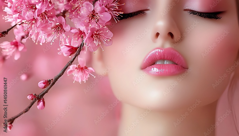Serene face adorned with pink blossoms Serene face adorned with pink blossoms