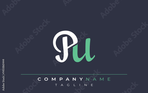 Elegant Stylized PU Lettering Design. Stylish Modern Logo featuring Monogram Letters in White and Teal Shade