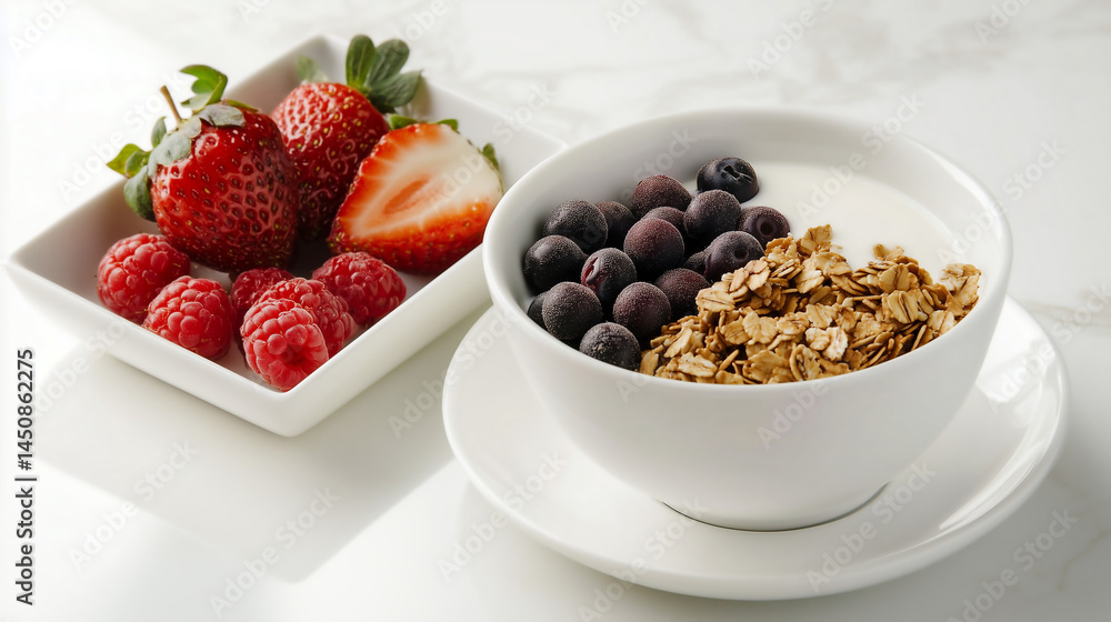 Healthy breakfast bowl with yogurt, granola, and fresh berries served on a white marble table Healthy breakfast bowl with yogurt, granola, and fresh berries served on a white marble table