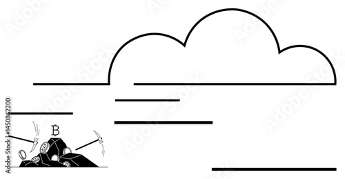 Cloud silhouette with cryptocurrency mining pickaxes and coins. Ideal for technology, blockchain, innovation, finance, cryptocurrency, digital transformation, simple landing page